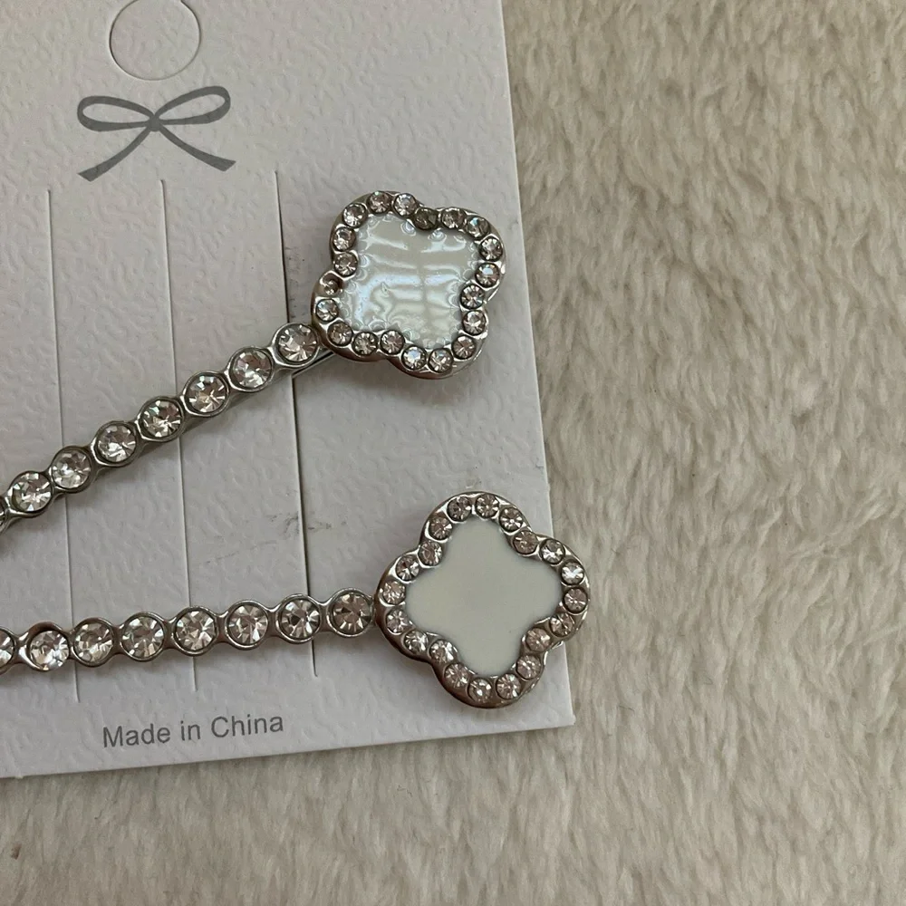 Crystal & White Enamel Clover Hair Pins - Set of 2